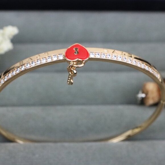 Rose Gold Bangle with Red Heart Lock and Key Charm Accent, XPBL0562 - Picture 10 of 12